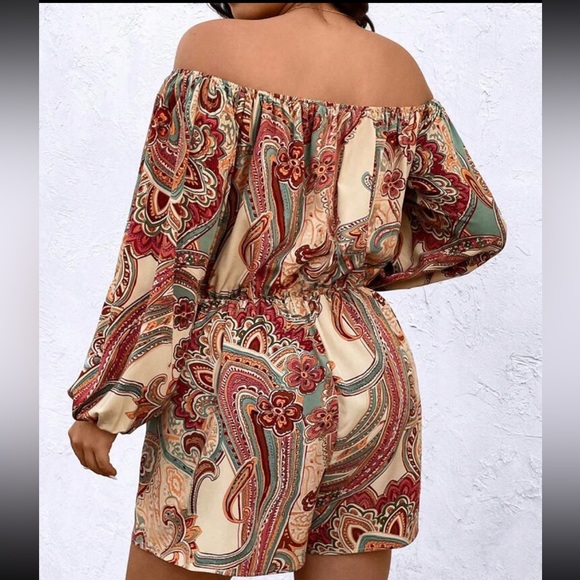 Boho Paisley Print Off the Shoulder Belted Romper - Picture 2 of 5